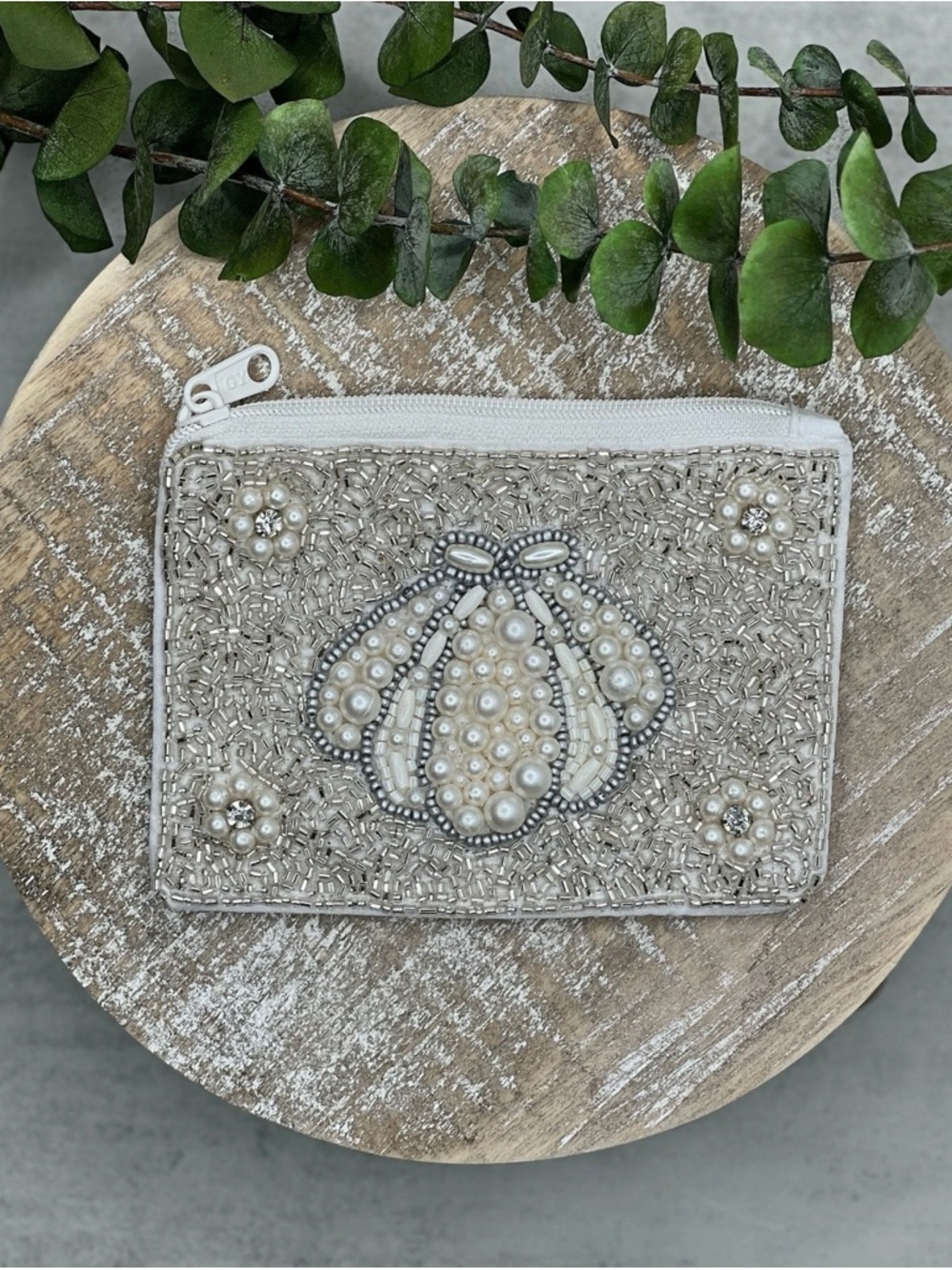 Pearl Beaded Zipper Coin Pouch - White